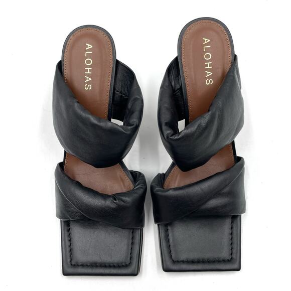 Alohas Puffy Twist Strap Sandals Black Leather Square Toe Heels Sz 38 / 7 - Picture 2 of 8